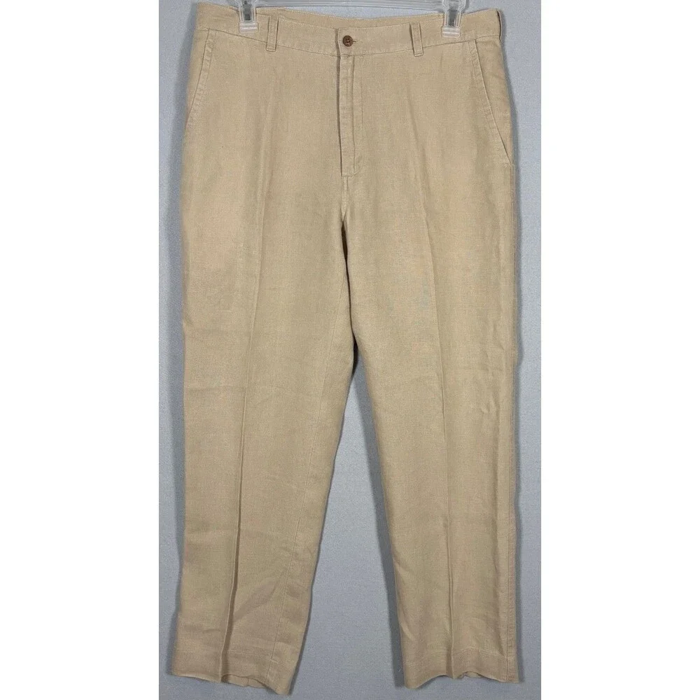 Jos. A. Bank Linen Pants Mens 36x30 Tan Flat Front Straight Leg Casual Summer